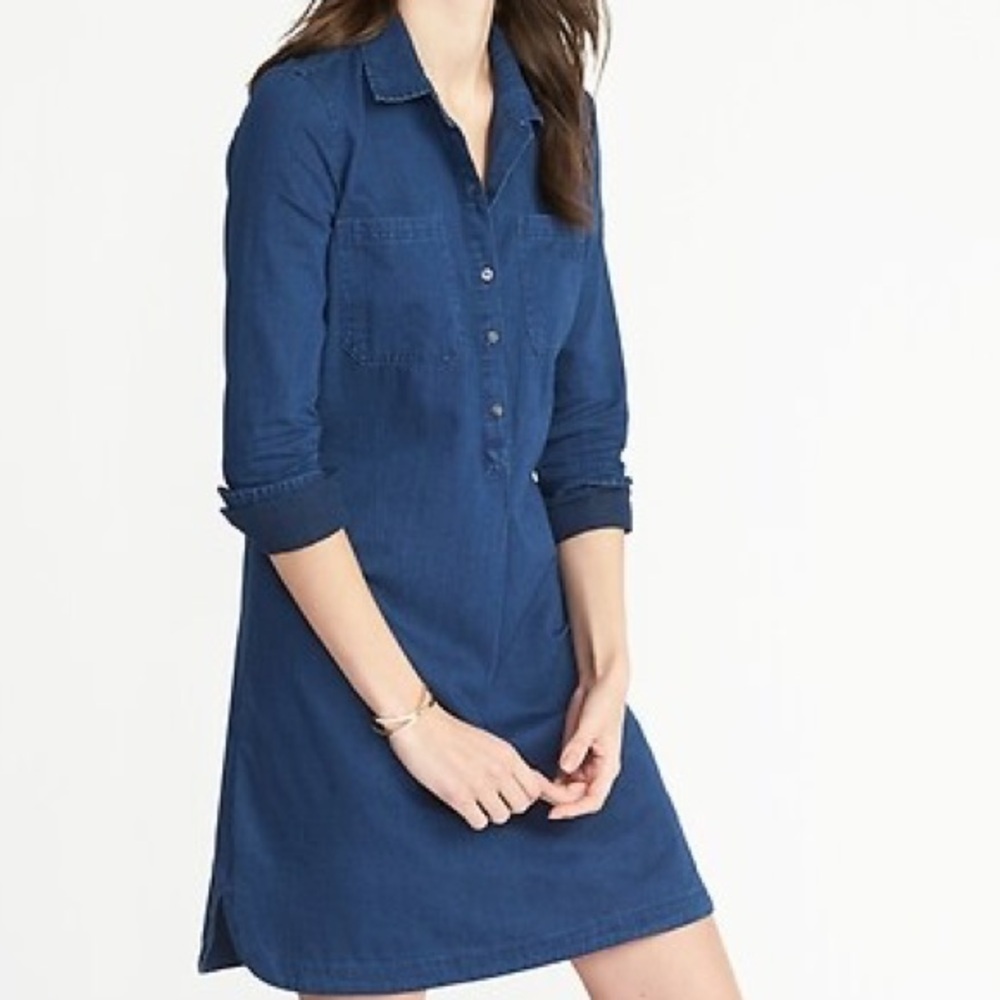 Old Navy Dark Wash Chambray Cotton Shirt Dress Snap Front Pockets Size S - Picture 4 of 8